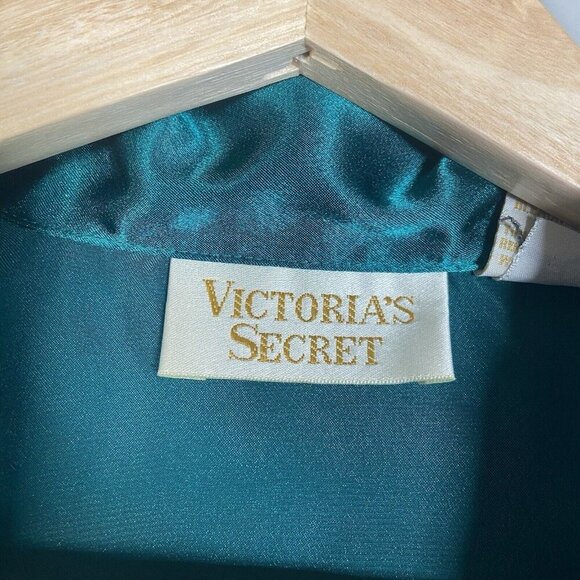 Vtg Victoria's Secret Gold Label Green Satin Button Down Sleep Shirt S Designer - Picture 3 of 13